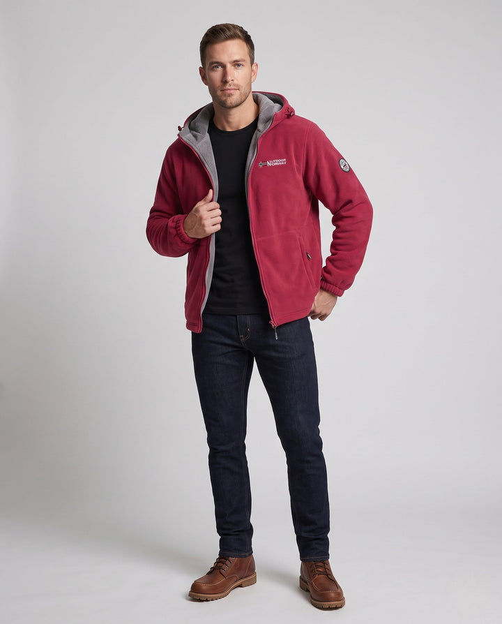 Men's thermo fleece jacket with double-layer Sherpa lining, hood, and wind-resistant surface