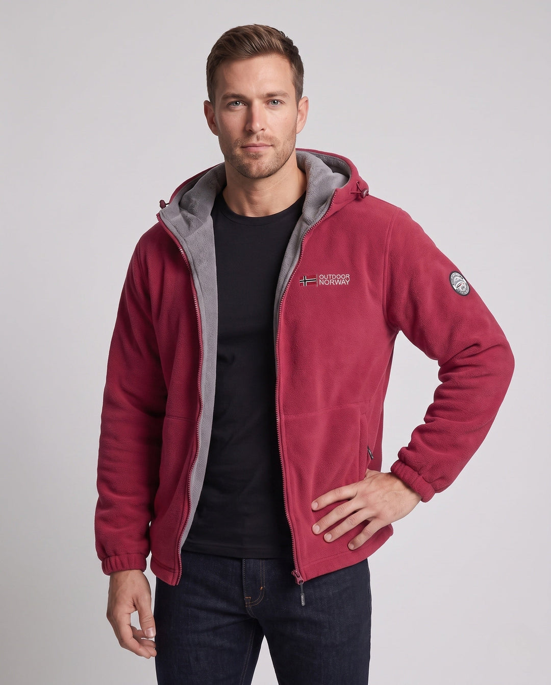 Men's thermo fleece jacket with double-layer Sherpa lining, hood, and wind-resistant surface