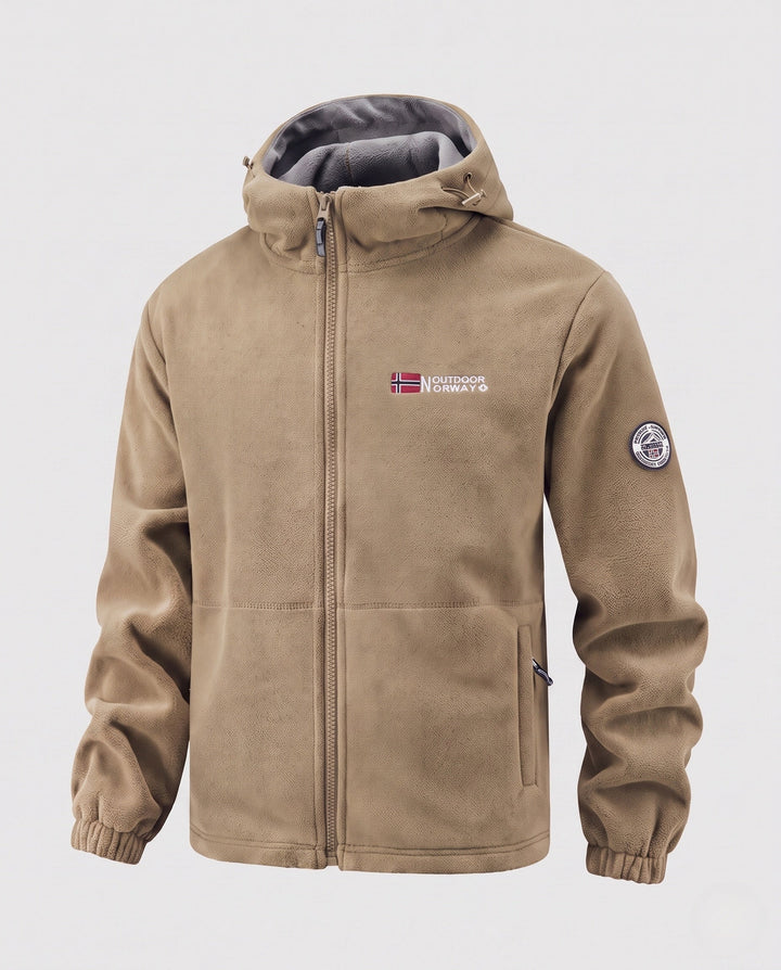 Men's thermo fleece jacket with double-layer Sherpa lining, hood, and wind-resistant surface