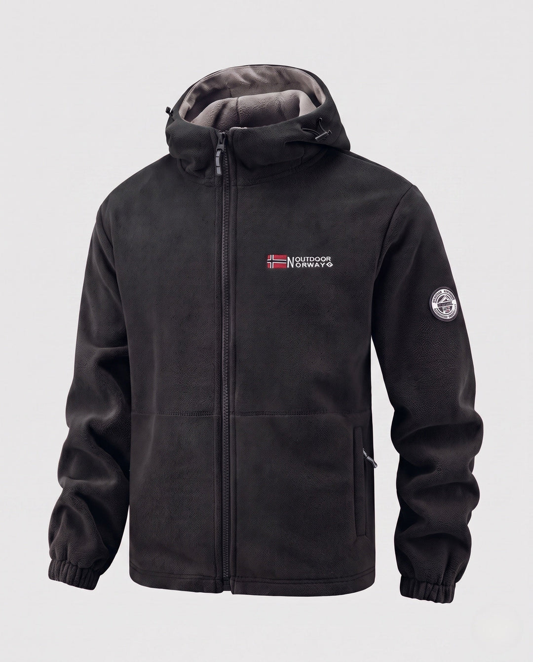 Men's thermo fleece jacket with double-layer Sherpa lining, hood, and wind-resistant surface