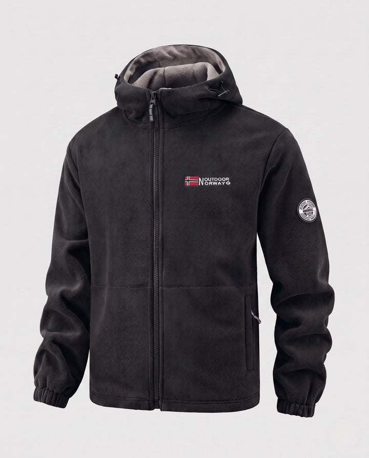 Men's thermo fleece jacket with double-layer Sherpa lining, hood, and wind-resistant surface