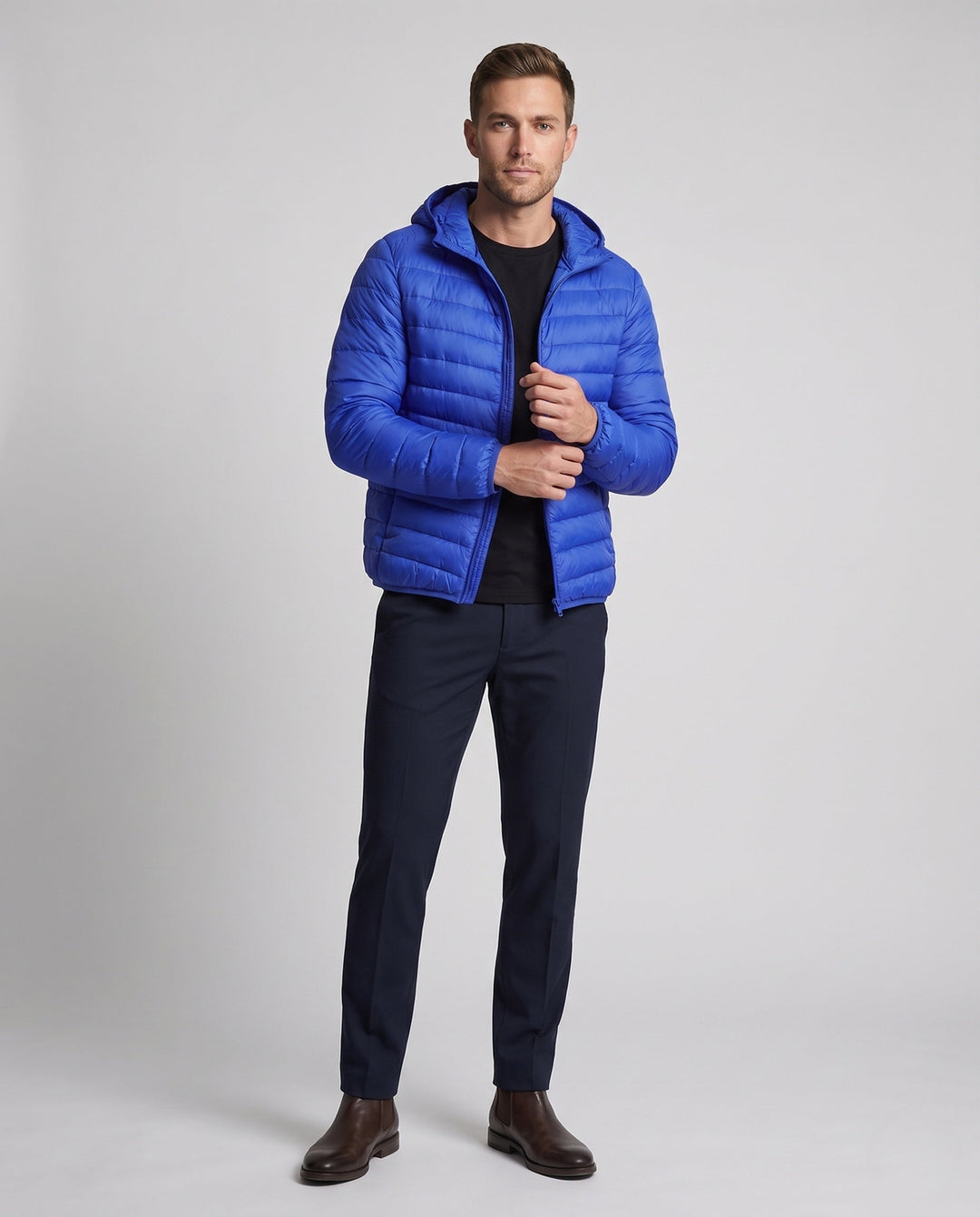 Men's ultralight quilted jacket with hood, windproof and packable