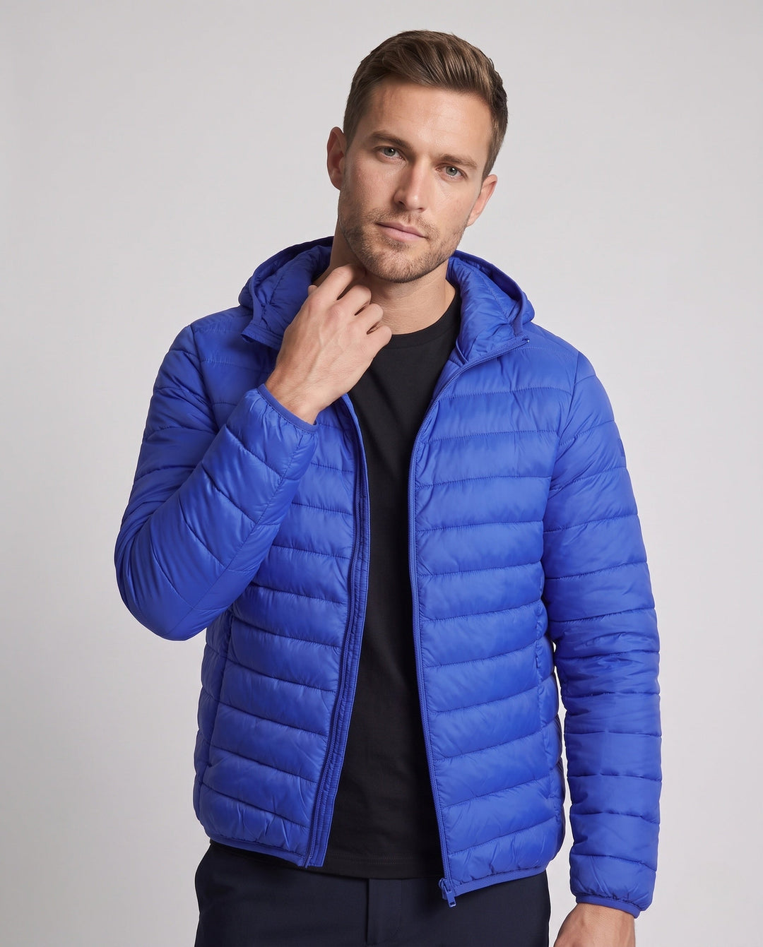 Men's ultralight quilted jacket with hood, windproof and packable