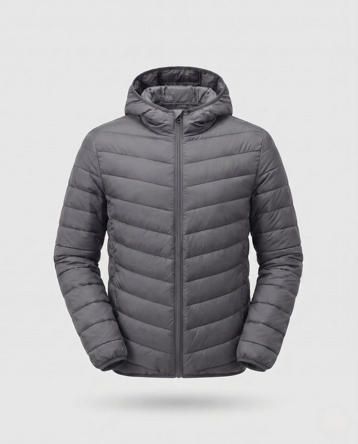 Men's ultralight quilted jacket with hood, windproof and packable