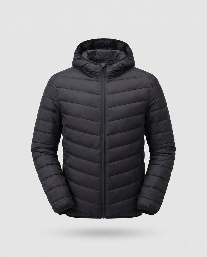 Men's ultralight quilted jacket with hood, windproof and packable