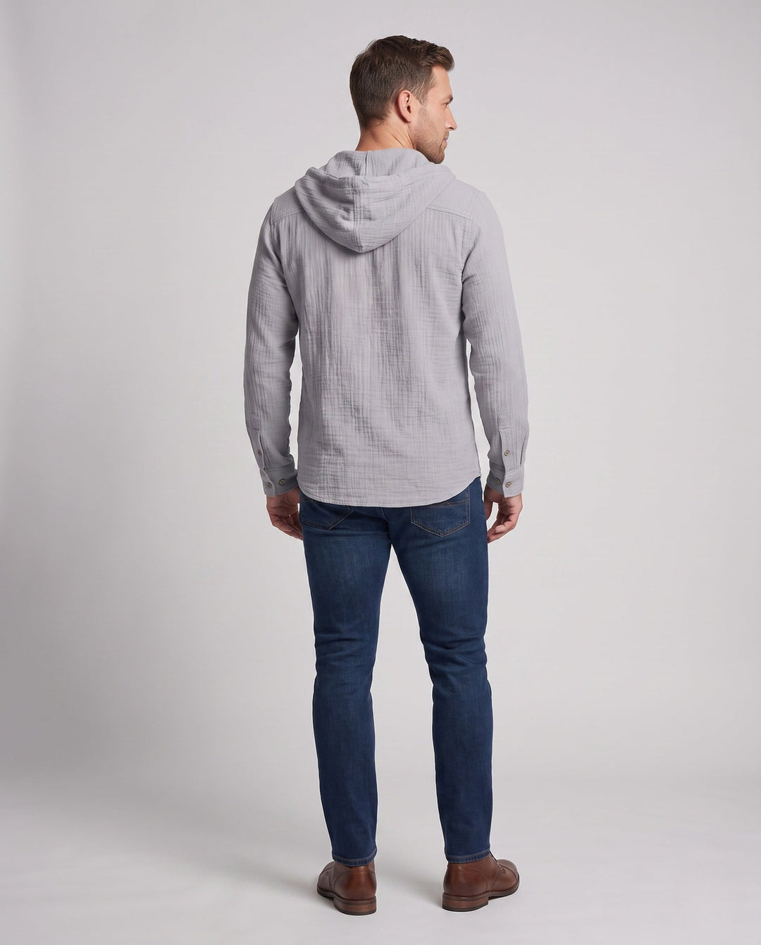 Men's Hooded Linen Shirt in Relaxed Fit with Button Placket & Drawstring