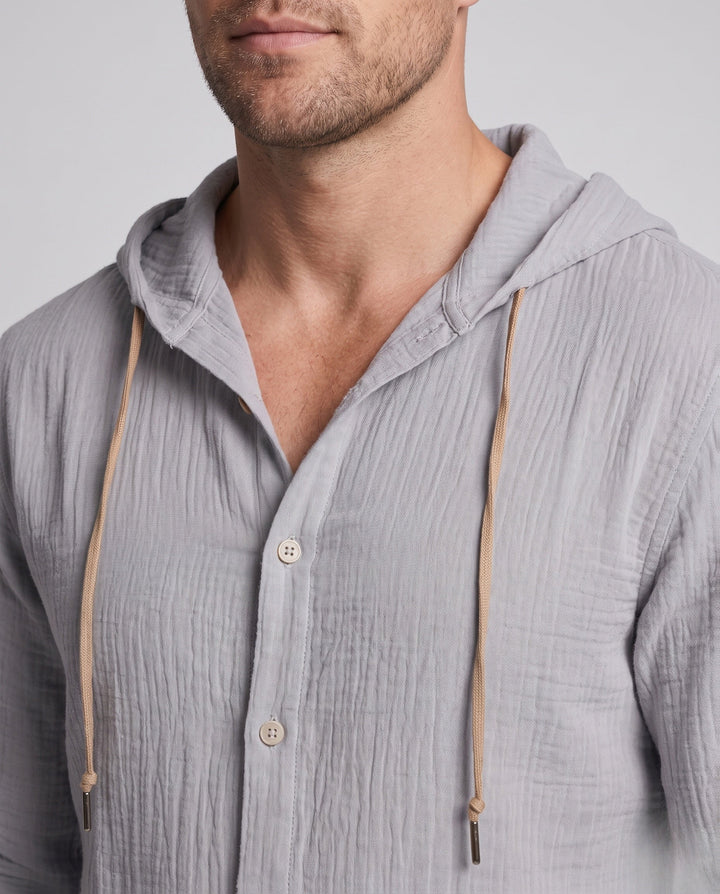 Men's Hooded Linen Shirt in Relaxed Fit with Button Placket & Drawstring