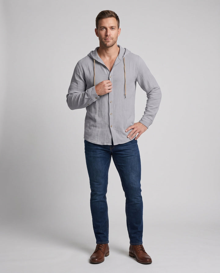 Men's Hooded Linen Shirt in Relaxed Fit with Button Placket & Drawstring