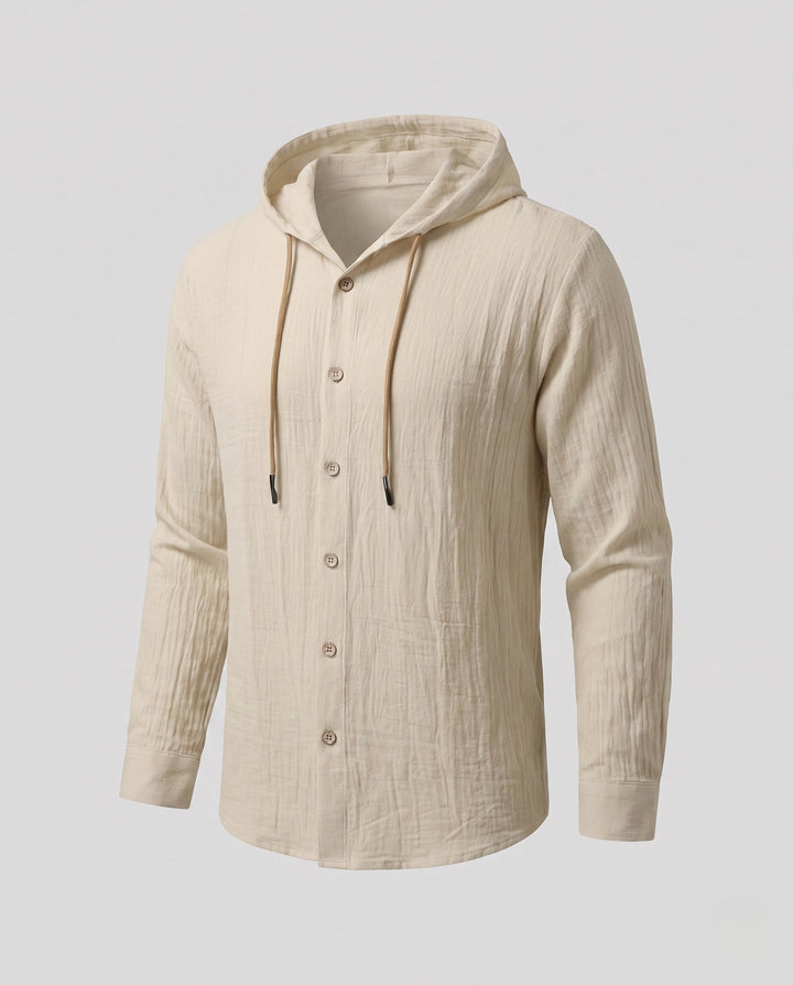 Men's Hooded Linen Shirt in Relaxed Fit with Button Placket & Drawstring