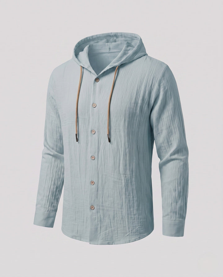 Men's Hooded Linen Shirt in Relaxed Fit with Button Placket & Drawstring