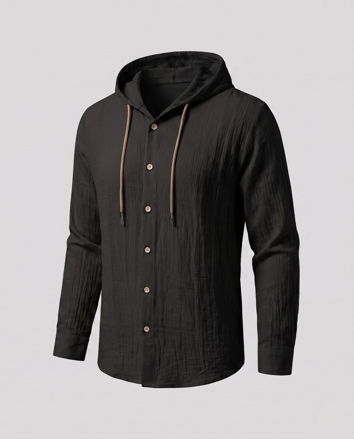 Men's Hooded Linen Shirt in Relaxed Fit with Button Placket & Drawstring