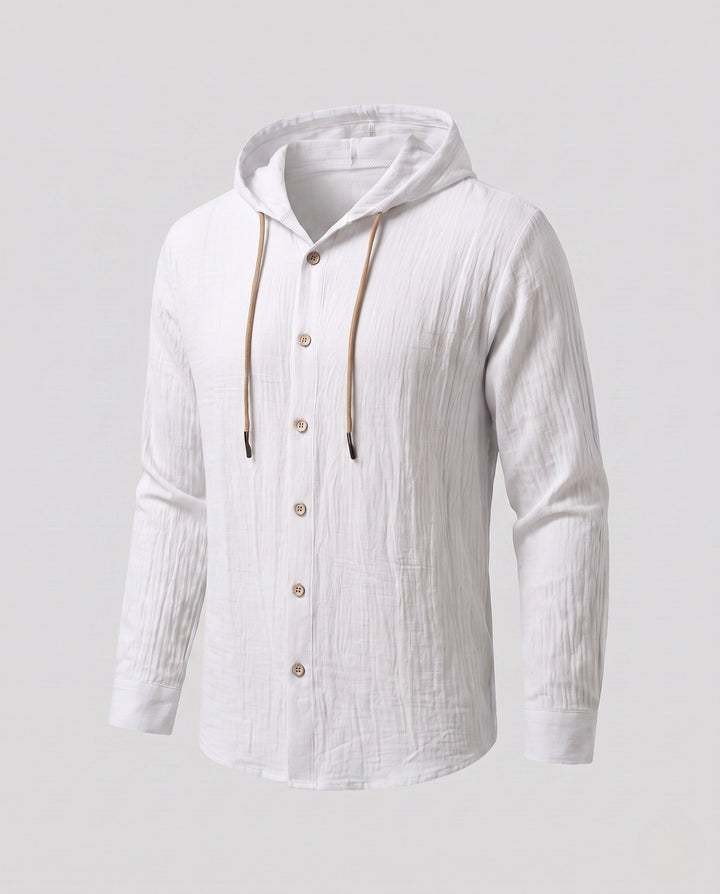 Men's Hooded Linen Shirt in Relaxed Fit with Button Placket & Drawstring
