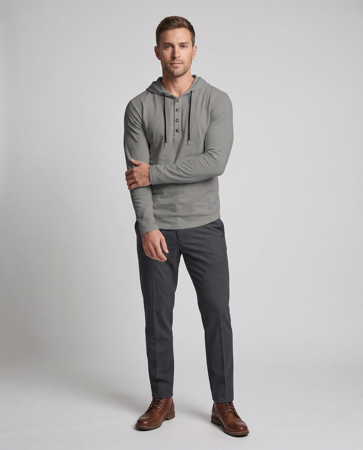 Men's Long Sleeve Hoodie with Henley Button Placket and Drawstring
