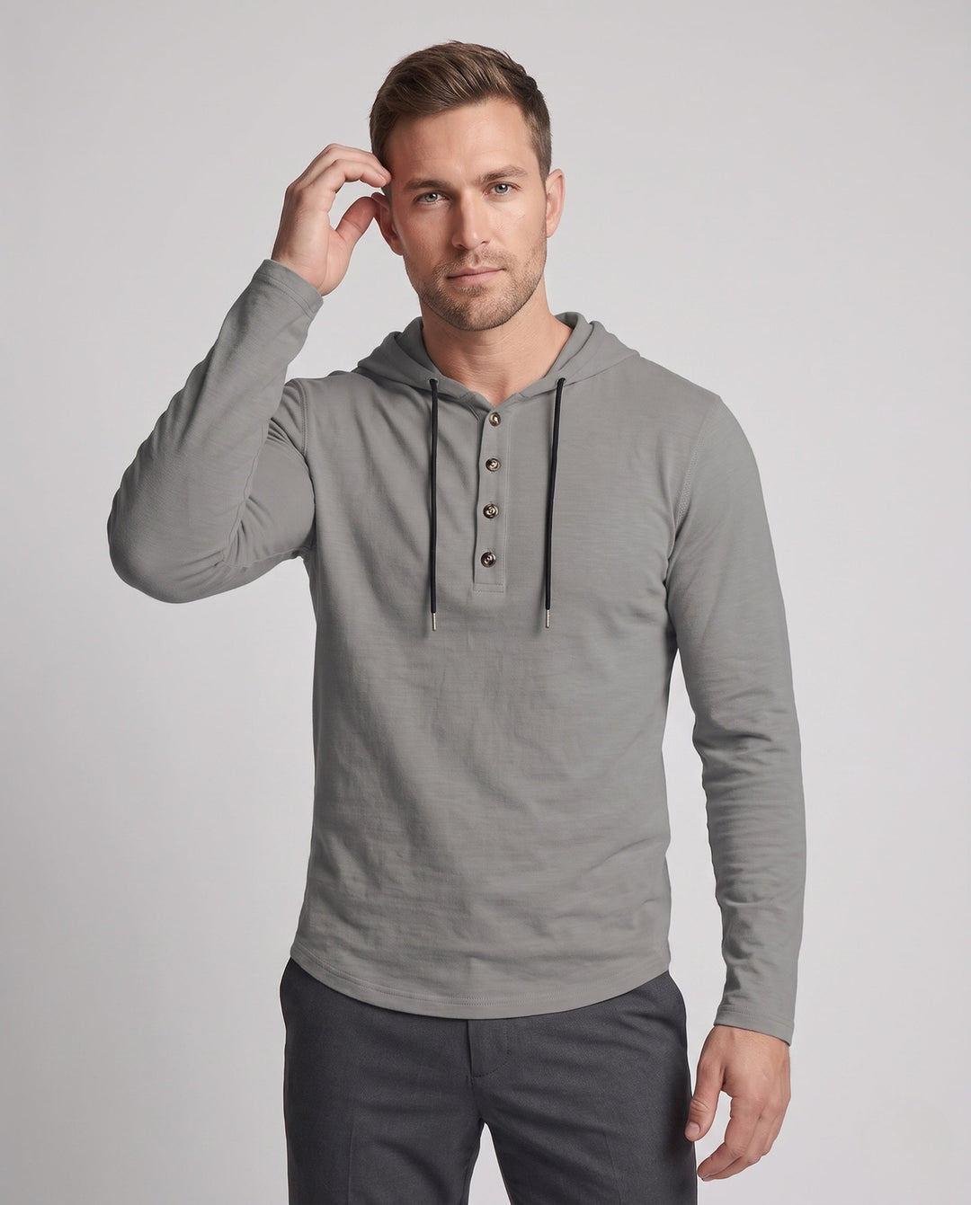 Men's Long Sleeve Hoodie with Henley Button Placket and Drawstring