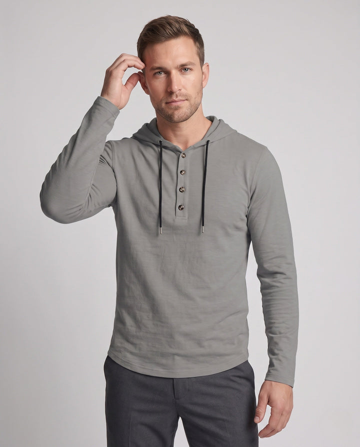 Men's Long Sleeve Hoodie with Henley Button Placket and Drawstring