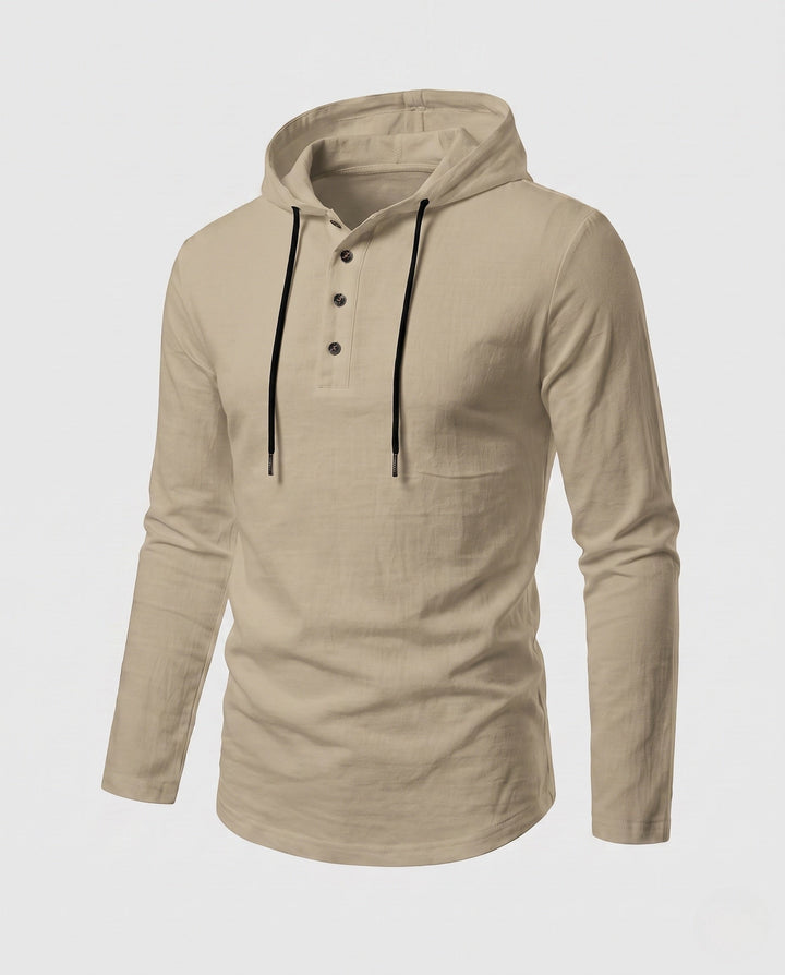 Men's Long Sleeve Hoodie with Henley Button Placket and Drawstring