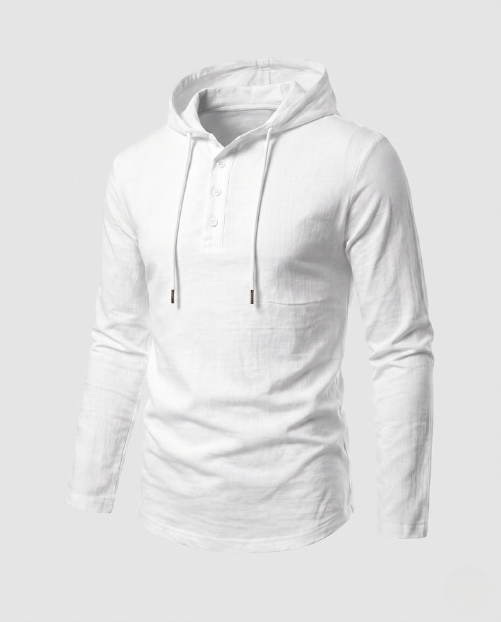 Men's Long Sleeve Hoodie with Henley Button Placket and Drawstring