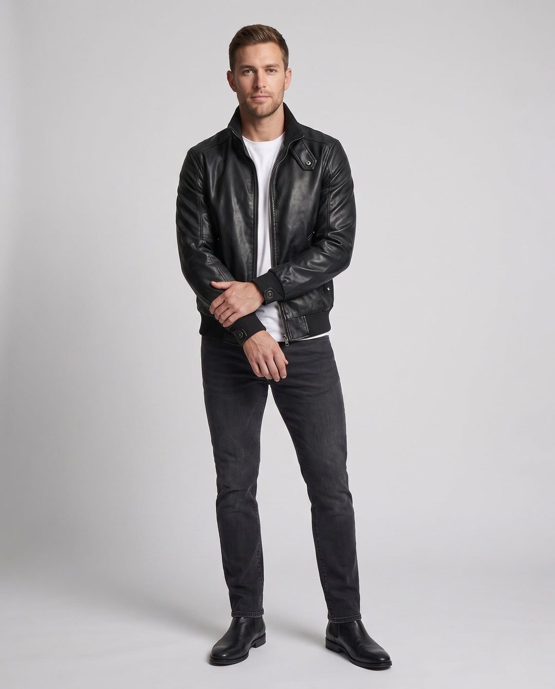 Men's Aviator Faux Leather Jacket with Thermo Sherpa Lining and Stand Collar Hudson & Parker