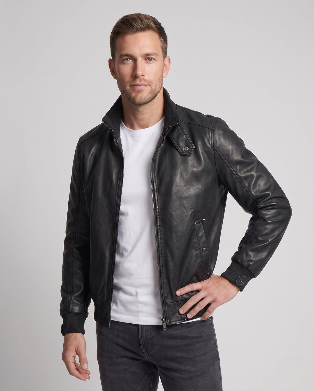Men's Aviator Faux Leather Jacket with Thermo Sherpa Lining and Stand Collar Hudson & Parker