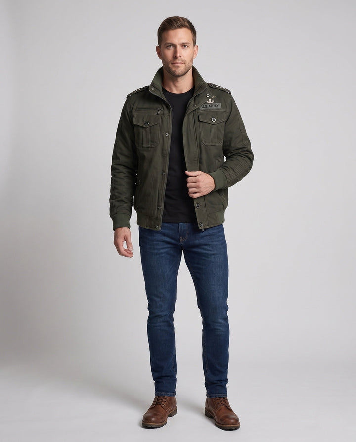 Men's field jacket in military style with stand-up collar, shoulder epaulettes, and multiple pockets Hudson & Parker