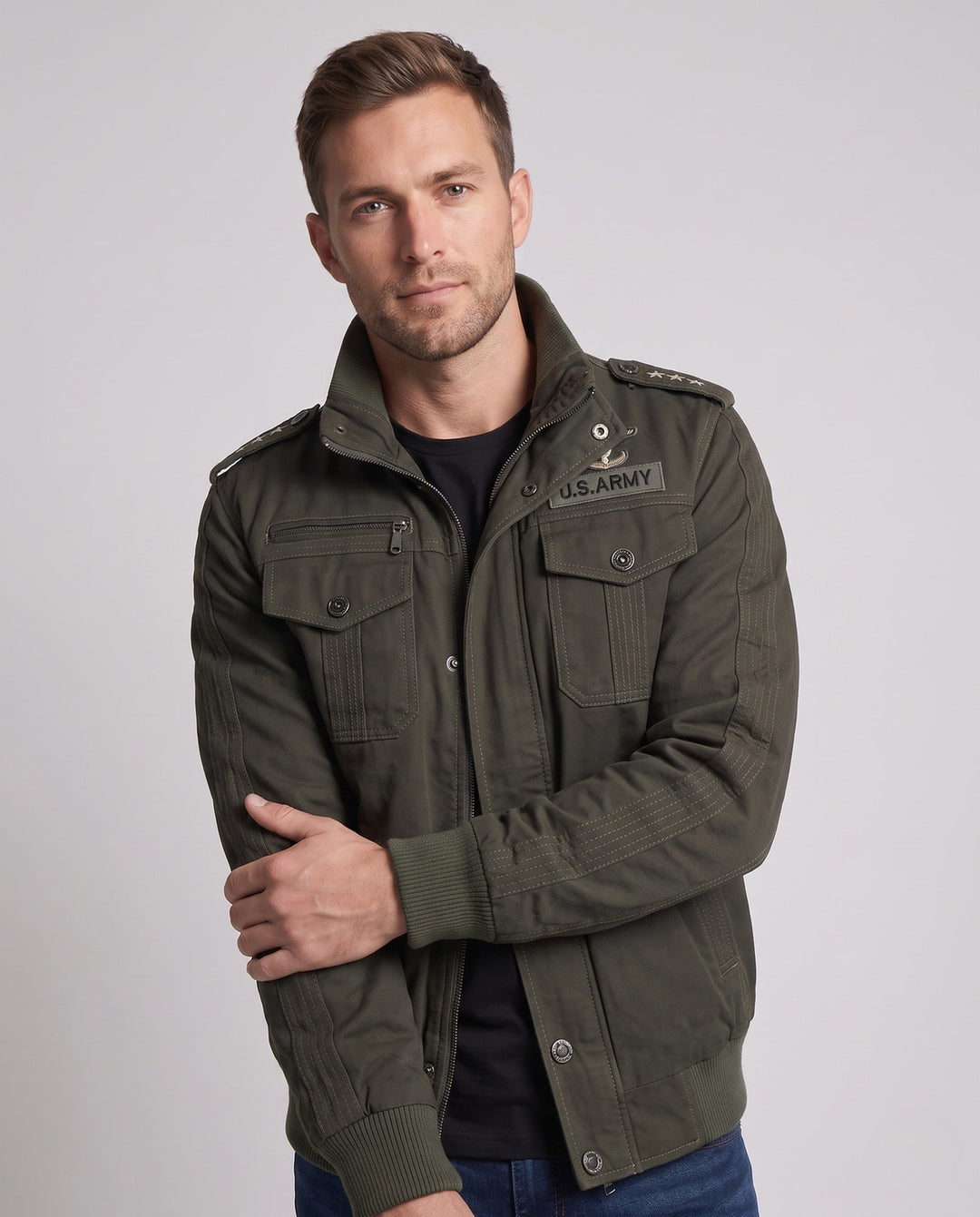 Men's field jacket in military style with stand-up collar, shoulder epaulettes, and multiple pockets Hudson & Parker