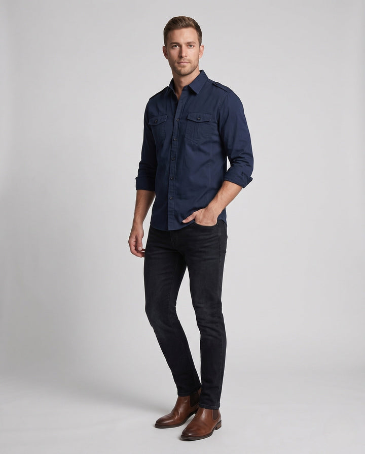 Men's overshirt in field style with shoulder epaulettes and chest patch pockets Hudson & Parker