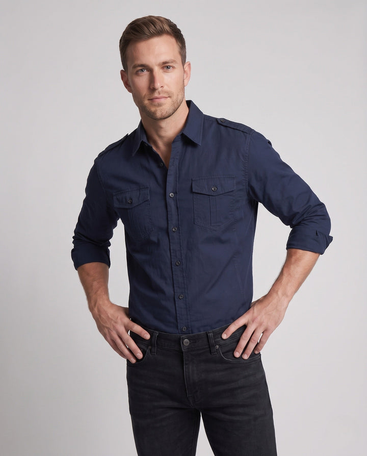 Men's overshirt in field style with shoulder epaulettes and chest patch pockets Hudson & Parker