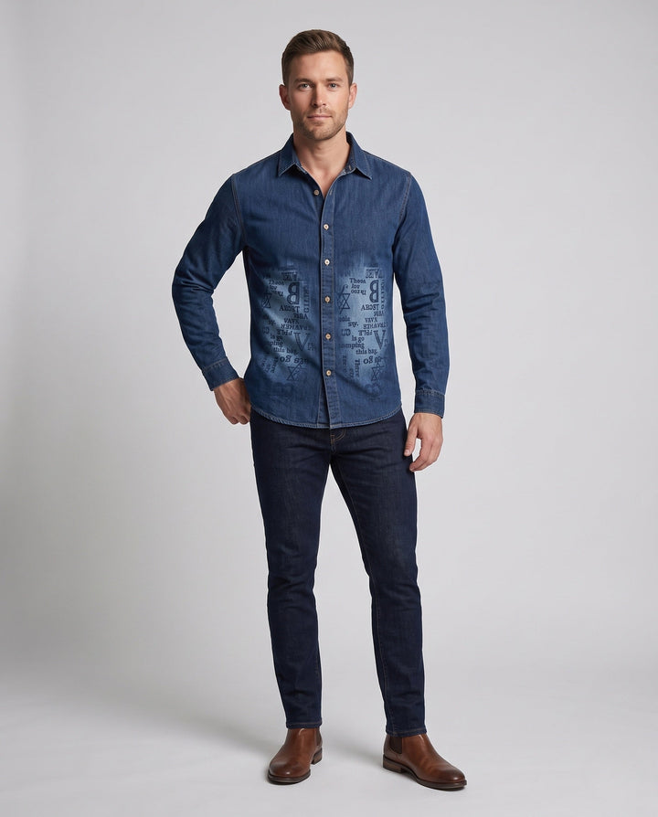 Men's Printed Denim Shirt in Overshirt Style with Button Front and Casual Fit Hudson & Parker