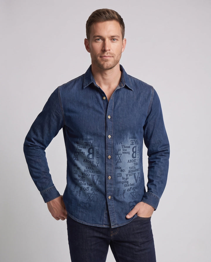 Men's Printed Denim Shirt in Overshirt Style with Button Front and Casual Fit Hudson & Parker