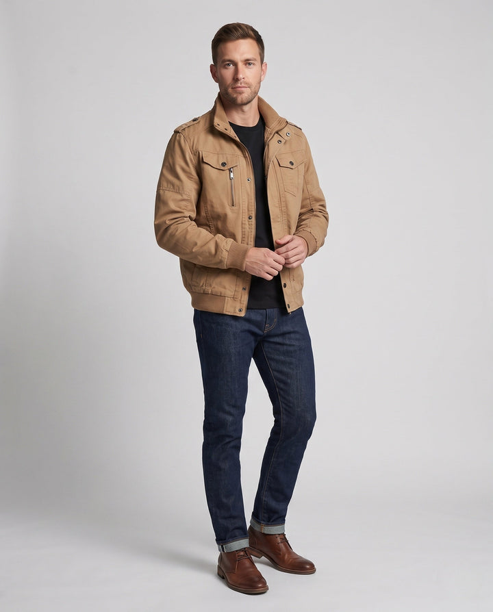 Men's Canvas Field Jacket in Military Look with Stand-up Collar, Epaulettes and Chest Flap Pockets Hudson & Parker