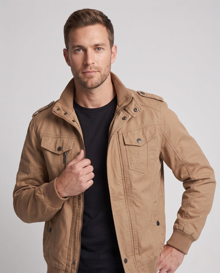 Men's Canvas Field Jacket in Military Look with Stand-up Collar, Epaulettes and Chest Flap Pockets Hudson & Parker