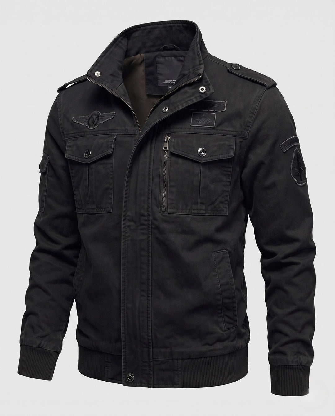 Men's Canvas Field Jacket in Military Look with Stand-up Collar, Epaulettes and Chest Flap Pockets Hudson & Parker