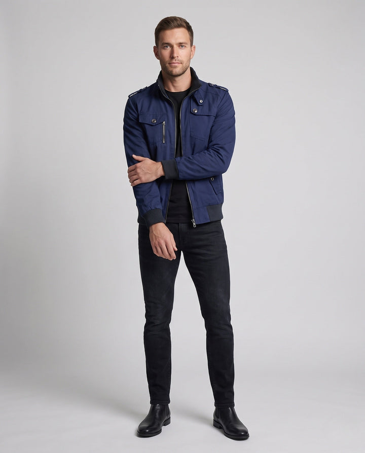 Men's Utility Style Canvas Field Jacket with Epaulettes, Zipper, and Ribbed Cuffs Hudson & Parker