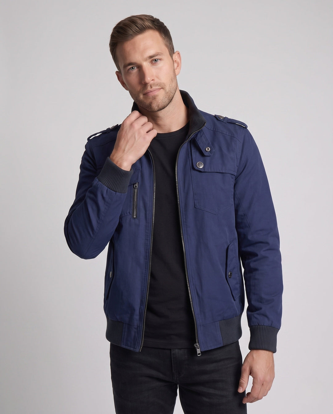 Men's Utility Style Canvas Field Jacket with Epaulettes, Zipper, and Ribbed Cuffs Hudson & Parker