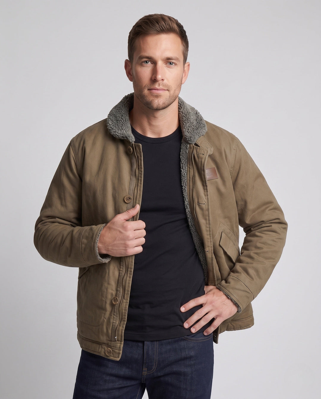 Men's canvas field jacket with teddy lining, stand-up collar and concealed zipper Hudson & Parker