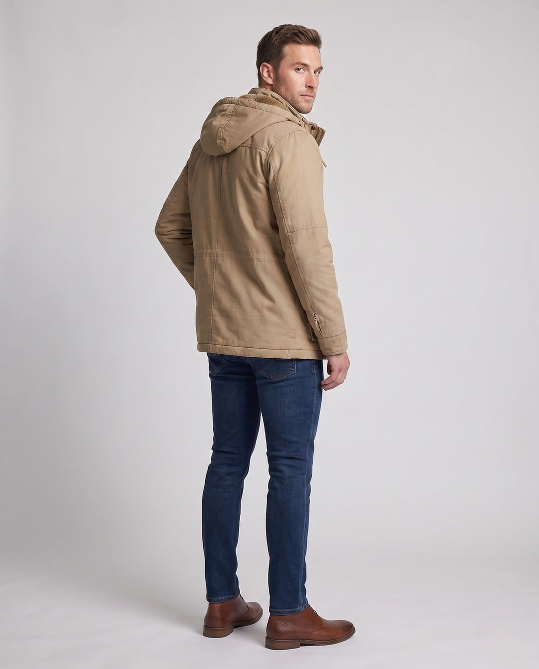 Men's canvas field parka with teddy fleece lining, hood and utility pockets Hudson & Parker
