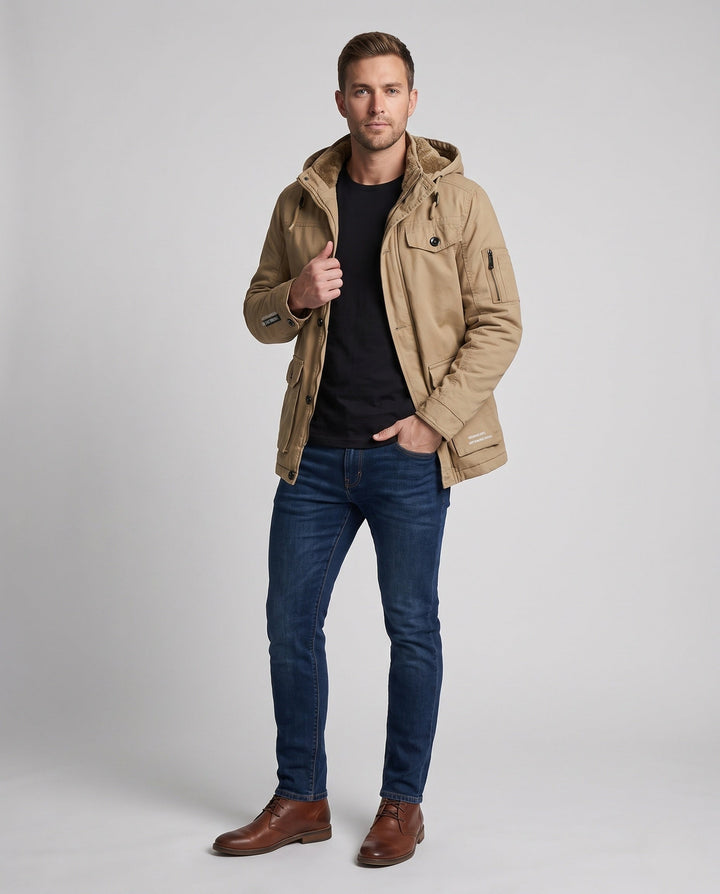 Men's canvas field parka with teddy fleece lining, hood and utility pockets Hudson & Parker
