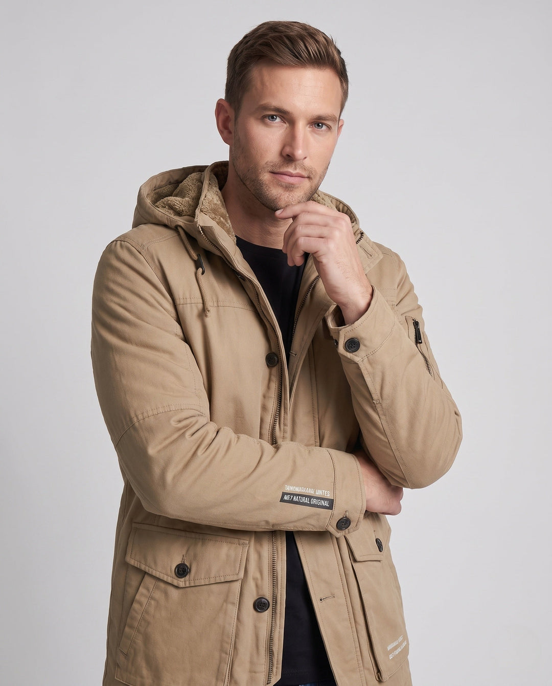 Men's canvas field parka with teddy fleece lining, hood and utility pockets Hudson & Parker