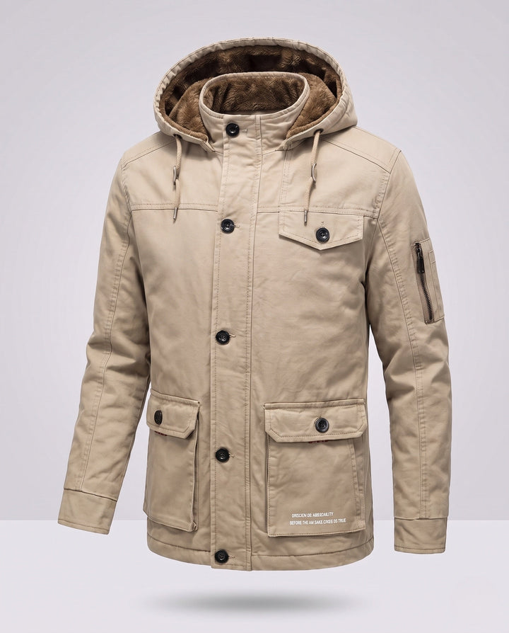 Men's canvas field parka with teddy fleece lining, hood and utility pockets Hudson & Parker