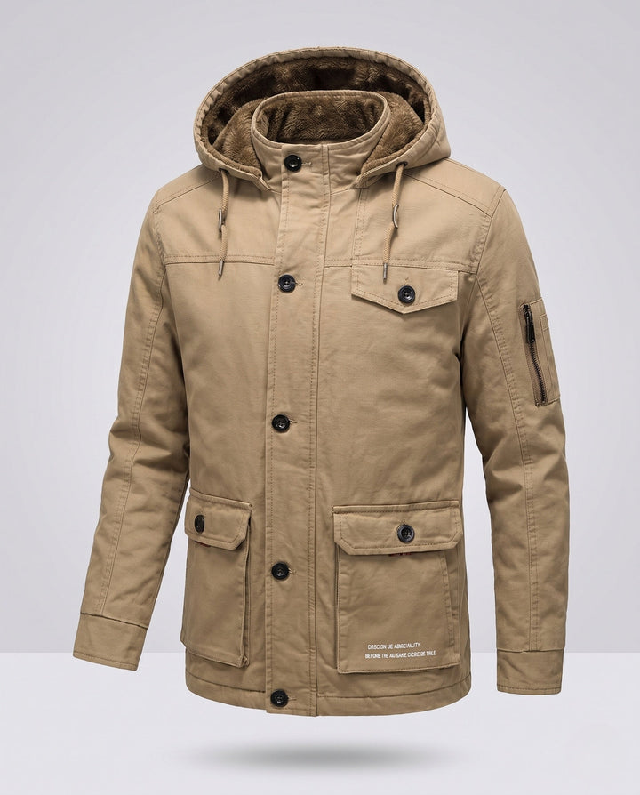 Men's canvas field parka with teddy fleece lining, hood and utility pockets Hudson & Parker