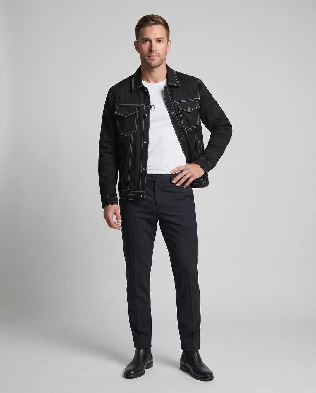 Men's canvas jeans jacket with contrast stitching, snap front and chest pockets Hudson & Parker