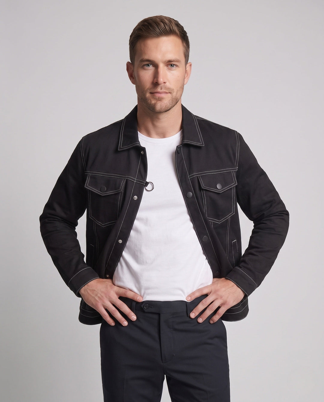 Men's canvas jeans jacket with contrast stitching, snap front and chest pockets Hudson & Parker