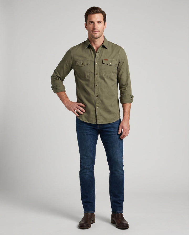 Men's Canvas Utility Overshirt with Chest Patch Pockets and Casual Shirt Collar Hudson & Parker