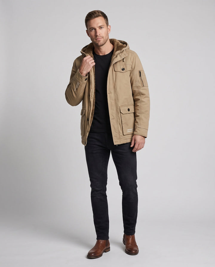 Men's Canvas Utility Parka with warming Teddy lining hem, hood, and multifunctional pockets Hudson & Parker