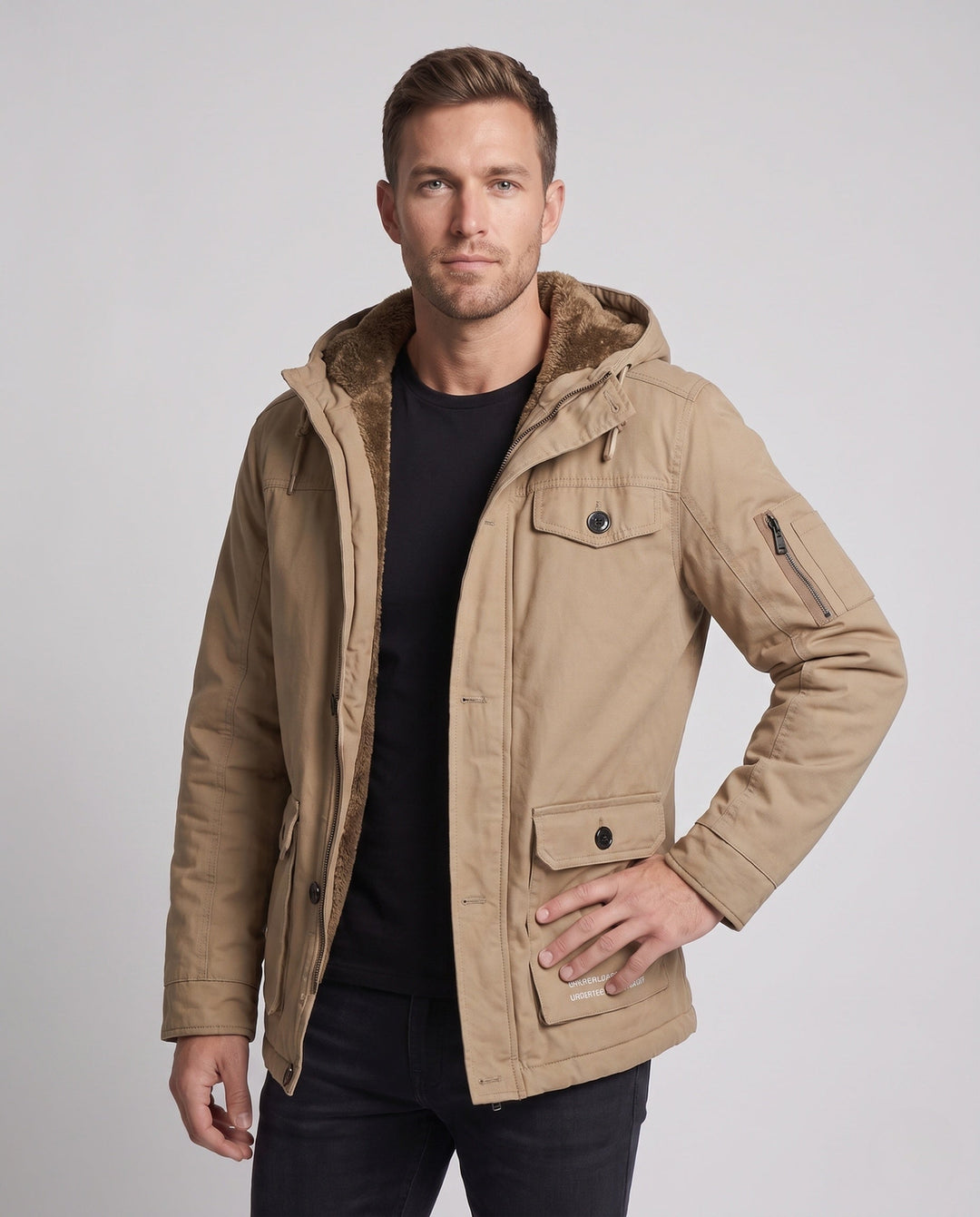 Men's Canvas Utility Parka with warming Teddy lining hem, hood, and multifunctional pockets Hudson & Parker