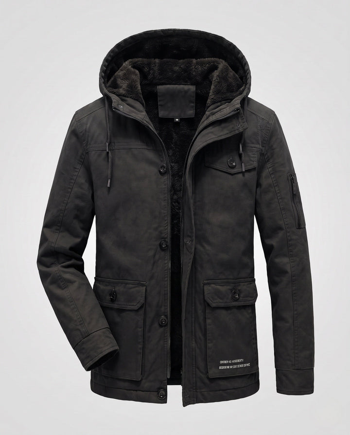 Men's Canvas Utility Parka with warming Teddy lining hem, hood, and multifunctional pockets Hudson & Parker