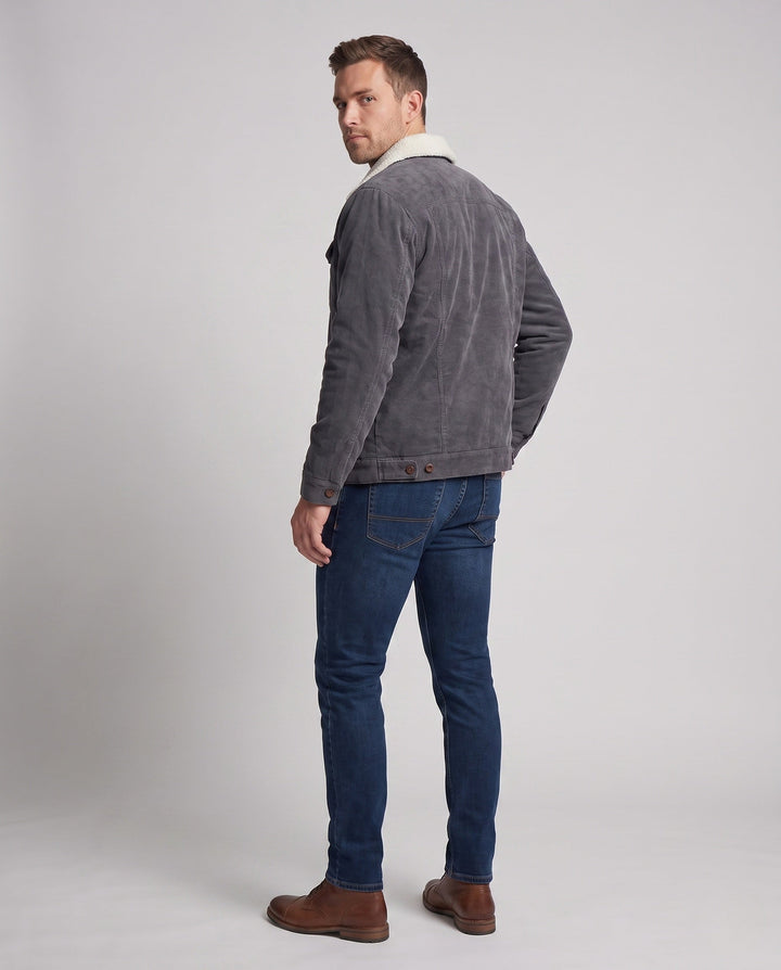 Men's cord worker jacket with full Sherpa lining, shirt collar, and side pockets Hudson & Parker