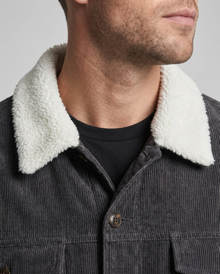 Men's cord worker jacket with full Sherpa lining, shirt collar, and side pockets Hudson & Parker
