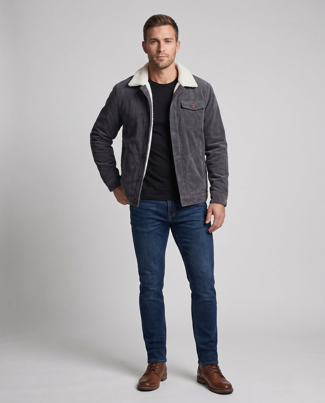 Men's cord worker jacket with full Sherpa lining, shirt collar, and side pockets Hudson & Parker