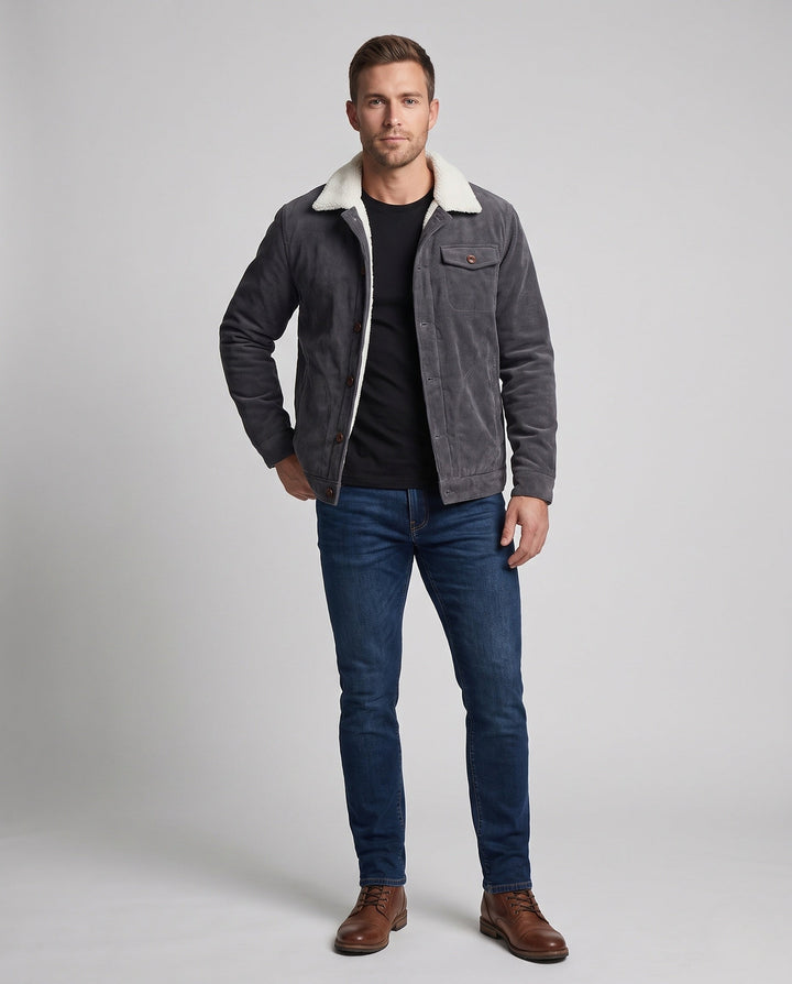 Men's cord worker jacket with full Sherpa lining, shirt collar, and side pockets Hudson & Parker